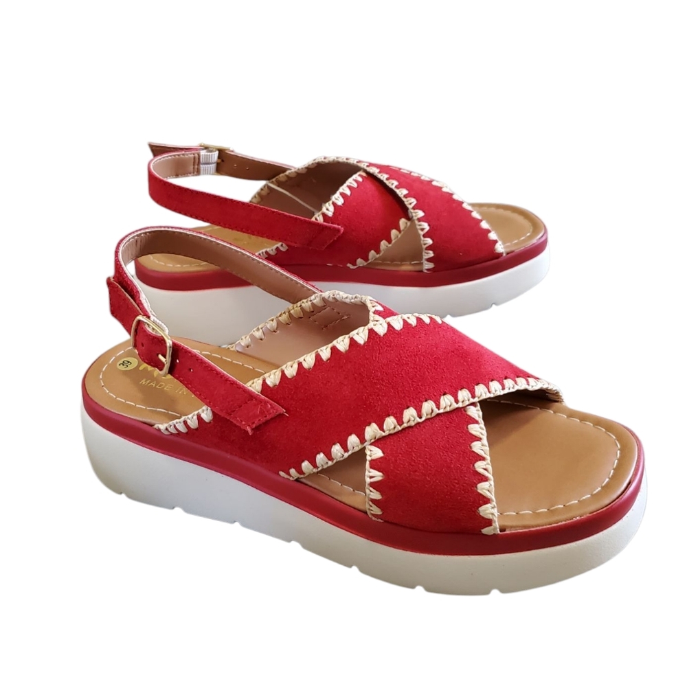 Mariella Made in Italy Cross Strap Slingback Platform Sandal Red Suede 39 8.5